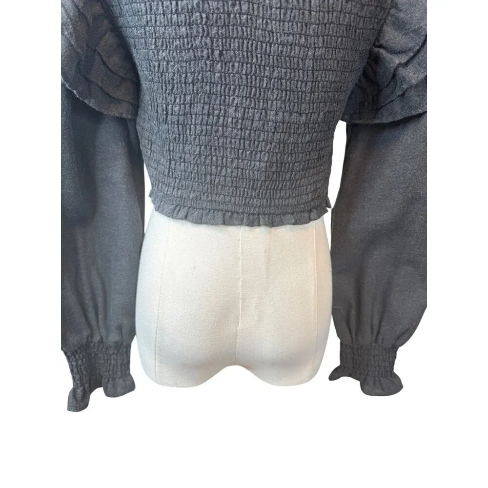 2/$30 Zara Gray Smocked Top Small, Ruffle Sleeves, Polyester Cotton Blend